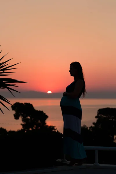 Silueta unei femei însărcinate pe plajă la apusul soarelui — Fotografie, imagine de stoc