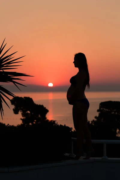 Silhouette egy terhes nő a strandon naplementekor — Stock Fotó