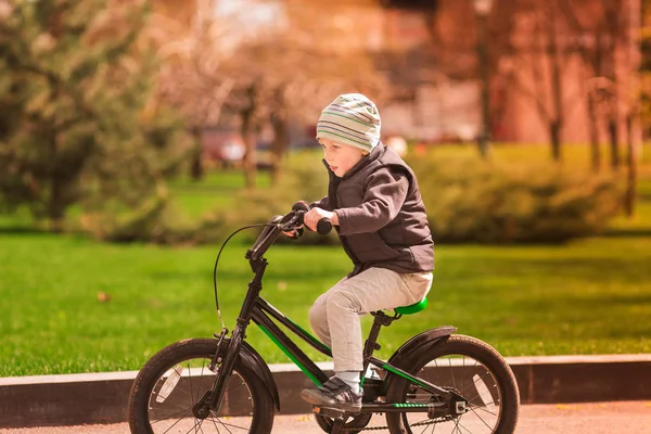 Щасливий маленький хлопчик їде на велосипеді — стокове фото