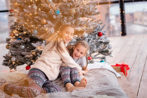 Glada barn som har kul nära julgran — Stockfoto