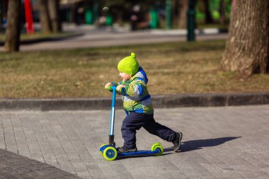 Küçük şirin bir çocuk scooter kullanıyor. Sağlıklı açık hava aktivitesi