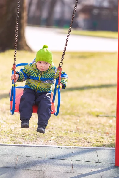 Happy Little Baby Boy Swinging Swing Playground Outdoor — Stock Photo, Image