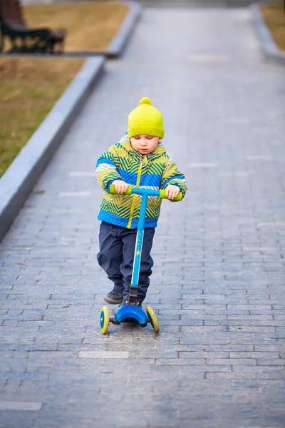 可爱的小男孩骑着踢踏车 健康的户外活动 — 图库照片