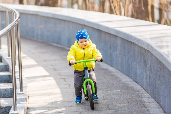 Happy Little Boy Riding Run Bike Park Outdoor — Stock Photo, Image