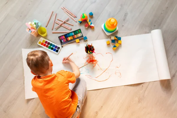 Little Boy Drawing Picture Floor His Room Top View Children — Stock Photo, Image