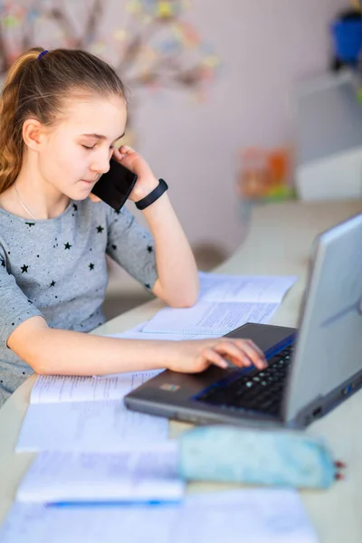 Beautiful Young School Girl Working Home Her Room Laptop Class — Stock Photo, Image