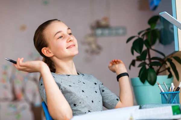 Beautiful Young School Girl Working Home Her Room Class Notes — Stock Photo, Image