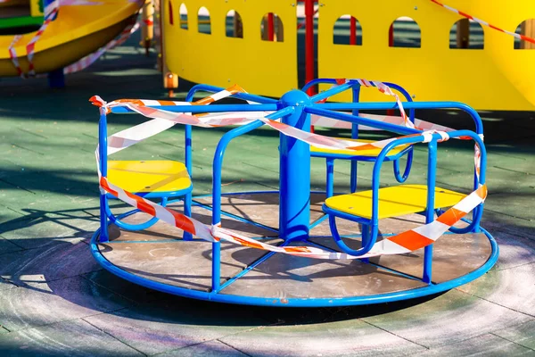 Children Playground Closed Wrapped Alarm Caution Tape Global Coronavirus Quarantine — Stock Photo, Image