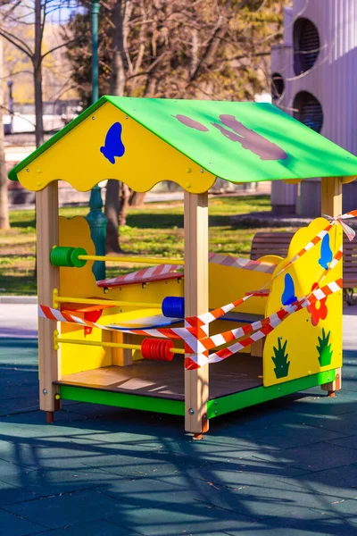 Children Playground Closed Wrapped Alarm Caution Tape Global Coronavirus Quarantine — Stock Photo, Image