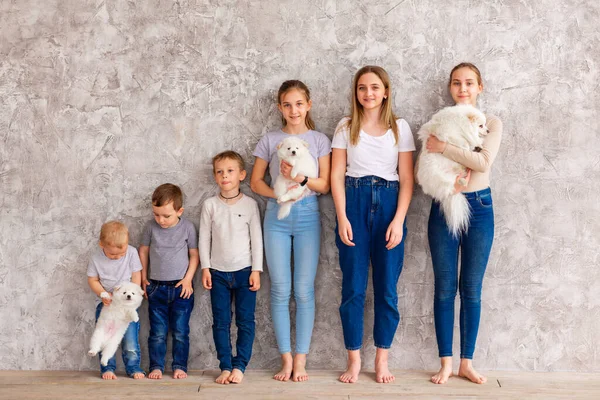 Happy Children Different Age Puppies Standing Line Týmová Práce Přátelství — Stock fotografie