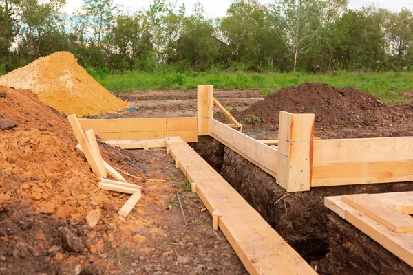 Wooden Formwork Creating Strip Foundation New House Basis Constructing House — Stock Photo, Image