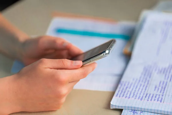 Beautiful Young Teenage School Girl Studying Home Her Room Smartphone — Stock Photo, Image