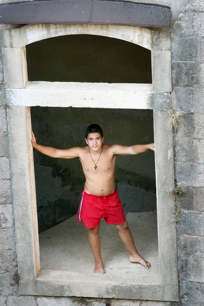 Handsome Boy Standing Fortress — Stock Photo, Image