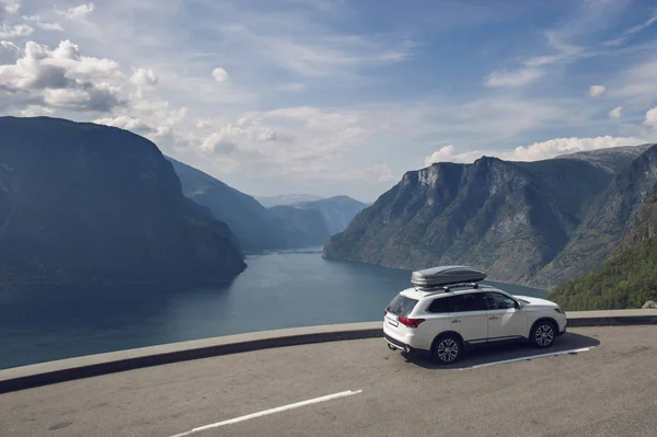 Voiture Dans Vue Fond Nryfjord Norvège Images De Stock Libres De Droits