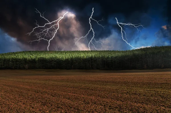 Rape field under lightnings — Stock Photo, Image