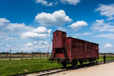 train wagon in the rail entrance to concentration camp at Auschwitz Birkenau KZ Poland clipart