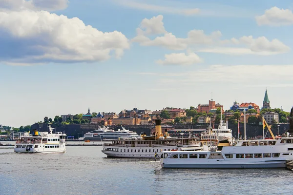 Barche Navi Ormeggiate Molo Stockholm City Center Svezia — Foto Stock
