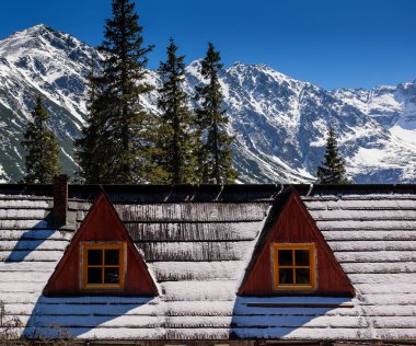 Chalet karlı dağlarda kalır kozalaklı ormanların arasında, Polonya, Tatra
