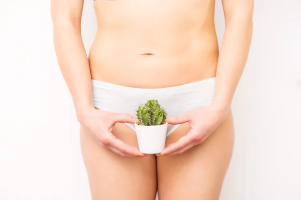 Woman Holding Cactus Pot White Background Epilation Concept Intimate Hygiene — Stock Photo, Image