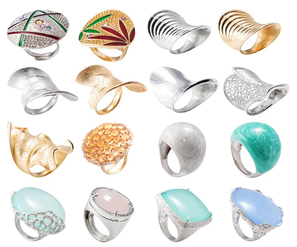Set Van Ringen Met Edelstenen Geïsoleerd Witte Achtergrond — Stockfoto