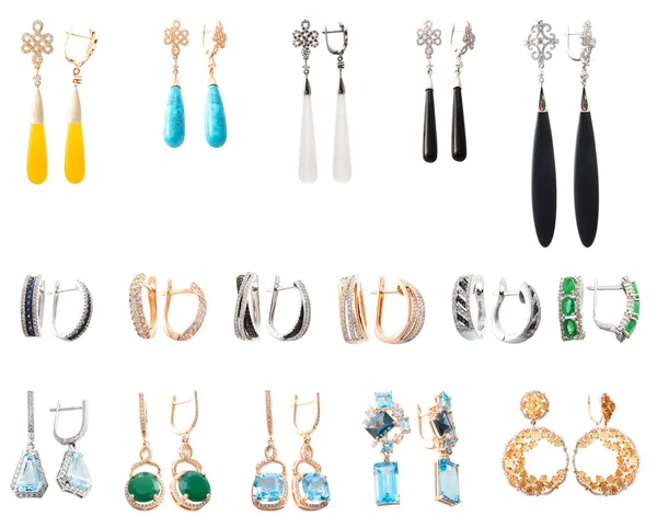 Stijlvolle Juwelen Verzameling Van Oorbellen Met Edelstenen Geïsoleerd Witte Achtergrond — Stockfoto