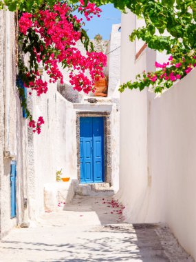 Eski güzel Santorini sokağı. Cyclades, Yunanistan.