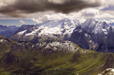 Pordoi - Dolomites mountain pass, located between the Sella mountain range in the north and Marmolada mountain in the south