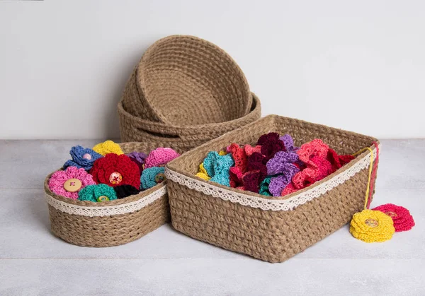Crochet Baskets Color Knitted Flowers White Background — Stock Photo, Image