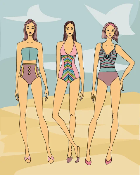 Trois Mannequins Sur Plage Sweat Rayé — Image vectorielle