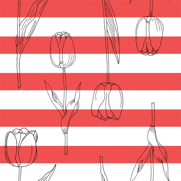 矢量弹簧花条纹背景 花郁金香 花卉无缝图案 复古的背景与手工画的郁金香 钢笔绘图 — 图库矢量图片