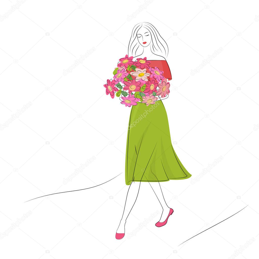 Romantic graceful cute girl with flowers in pink green  dress walking down the street. White background