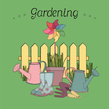 vektör yeşil zemin üzerine çit fırıldak, sulama tenekeleri, Bahçe aletleri, ayarlayın. El defterlerimiz illüstrasyon.