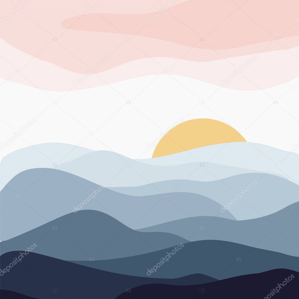 minimalist vector illustration of calm indigo mountain hills sunset nature landscape 