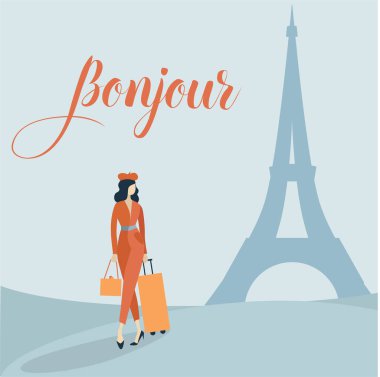 Seyahat çantalı genç moda kadın Fransa 'ya geliyor Paris düz vektör illüstrasyonu
