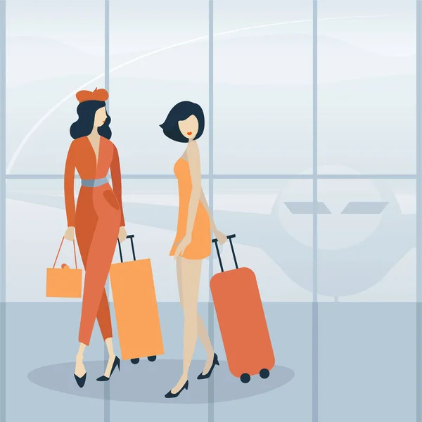 Duas Mulheres Moda Com Sacos Viagem Chegando Aeroporto Ilustração Vetor — Vetor de Stock