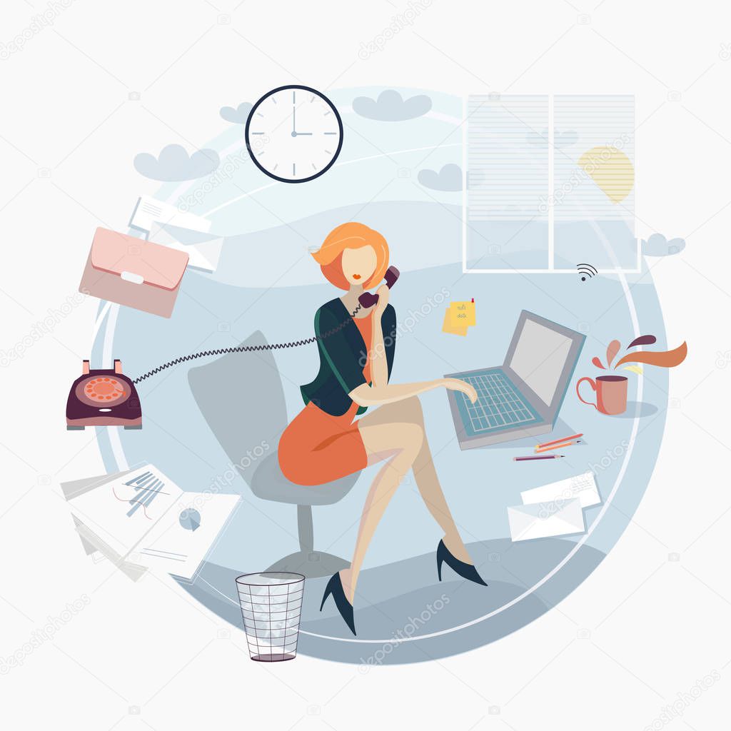 Busy woman is working hard and talking phone in office concept flat vector illustration