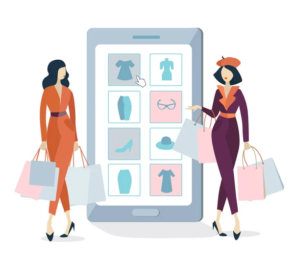 Две Молодые Красивые Женщины Делают Покупки Смартфоном Покупая Одежду Интернете — стоковый вектор