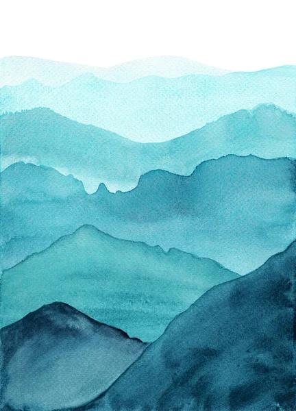 Abstrait Indigo Bleu Aquarelle Vagues Montagnes Sur Fond Blanc — Photo