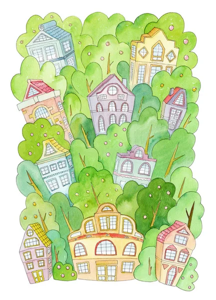 Eco Friendly Città Accogliente Verde Con Molti Alberi Disegnato Mano — Foto Stock