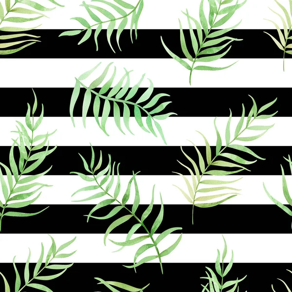 緑の熱帯の葉と黒い縞模様のシームレスな背景水彩手描きイラスト — ストック写真