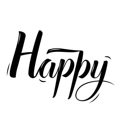Happy, fırça kalem vektörü harfleri el yazısı siyah metin, illüstrasyon beyaz üzerine izole