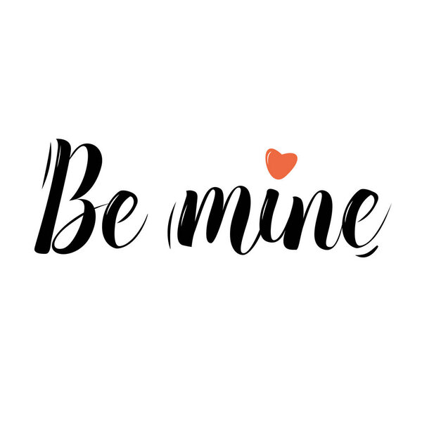 Будь моим, кистью вектор ручки наклон рукописного черного текста с декором сердца, иллюстрация выделена на белом
