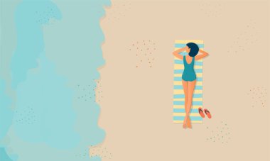Bikini 'li Genç Kadın Plaj Havlusunda Belly Yatıyordu. Yaz Tatili, Seyahat, Deniz Tarafındaki Rahatlatıcı Kız, Okyanus Kıyısı Çizgi Filmi Düz Vektör Çizimi