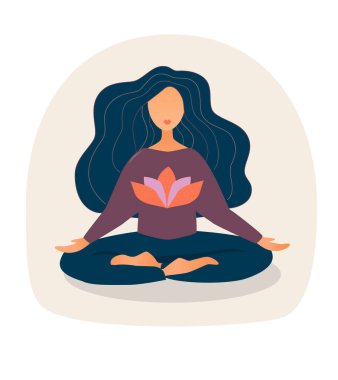  Sakin ol konsepti. Lotus pozunda oturan genç bir kadın, ev yogası. Grafik ve web tasarımı için düz biçimli vektör illüstrasyonu.