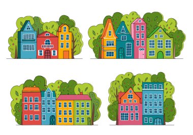 Yeşil ağaçlı mutlu küçük evler, karikatür çizimi, izole edilmiş