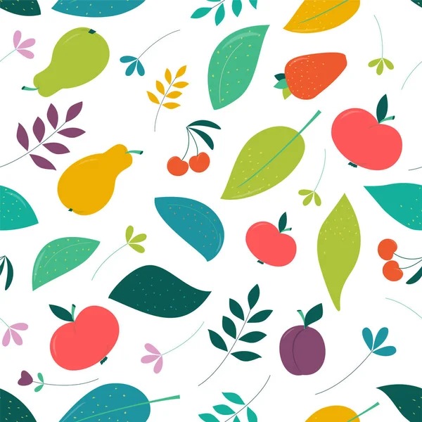 Απρόσκοπτη Vegan Αστείο Φόντο Φρούτα Και Πράσινα Φύλλα — Διανυσματικό Αρχείο