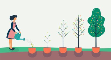 Sulama kutusu ve ağaçları olan kadın bahçıvan, düz vektör çizimi..