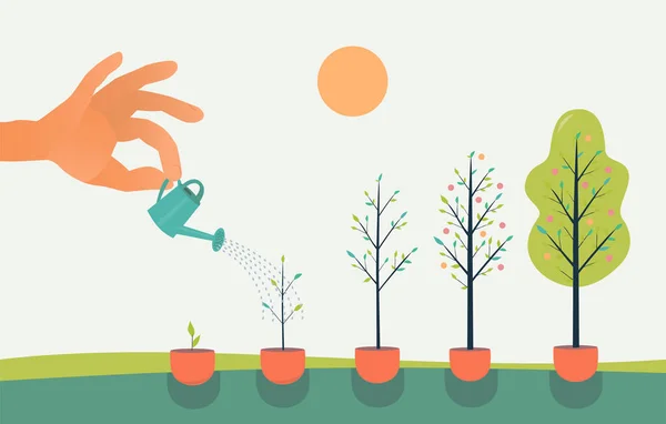 Tillväxtträdprocesskoncept Mänsklig Hand Vattnar Växterna Platt Vektor Illustration — Stock vektor