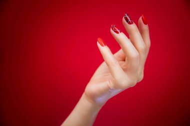  Kırmızı arka plan güzel bakımlı kadının ellerinde.