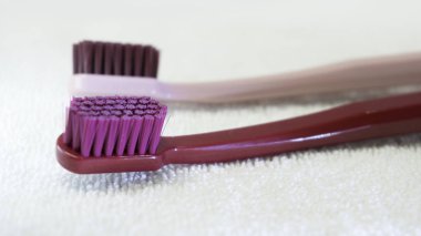 Renkli diş fırçaları beyaz arkaplanda izole edilmiş olarak yakın plan.